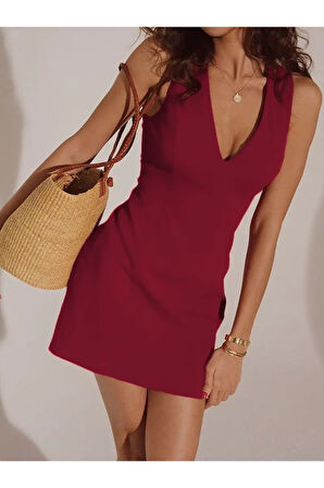 Kadın Sıfır Kollu Derin V Yakalı Janjan Krep Elbise