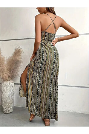 Kadın Ip Askılı Sırttan çapraz Detaylı Yırtmaçlı Desenli Süprem Elbise