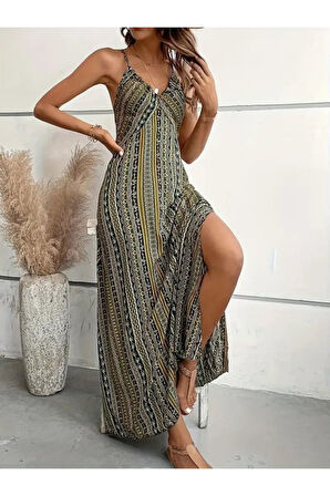 Kadın Ip Askılı Sırttan çapraz Detaylı Yırtmaçlı Desenli Süprem Elbise
