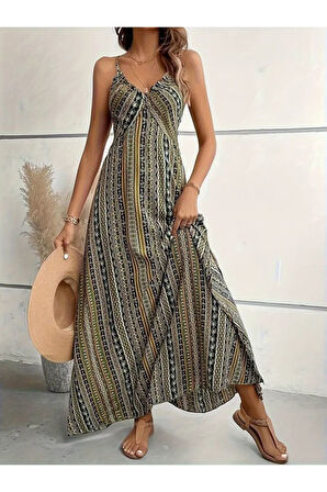 Kadın Ip Askılı Sırttan çapraz Detaylı Yırtmaçlı Desenli Süprem Elbise