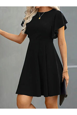 Kadın Kısa Kelebek Kollu Bisiklet Yaka Janjan Krep Elbise