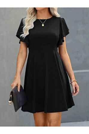 Kadın Kısa Kelebek Kollu Bisiklet Yaka Janjan Krep Elbise