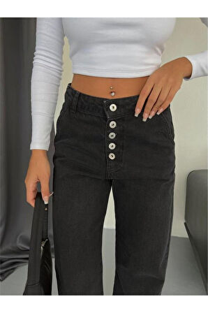 DÜĞMELİ KOT PANTOLON - Siyah