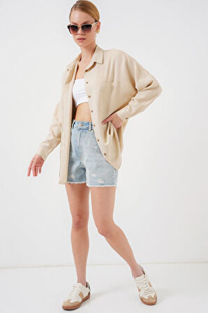 20126 Oversize Keten Gömlek - Bej