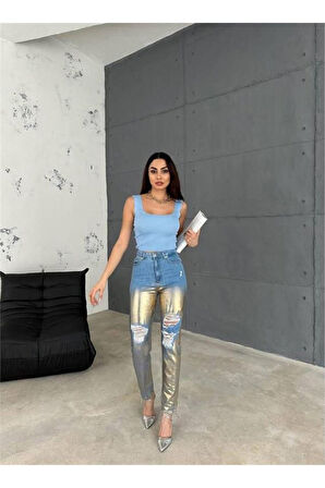 DİZ YIRTIK VARAKLI MOM KOT PANTOLON - Gold