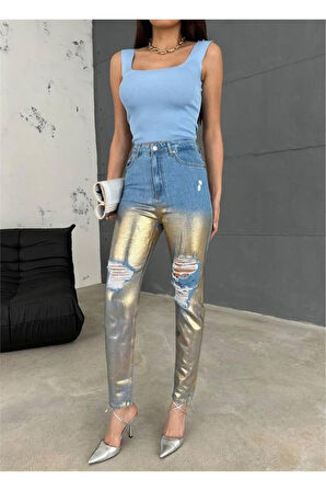 DİZ YIRTIK VARAKLI MOM KOT PANTOLON - Gold