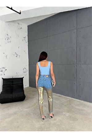 DİZ YIRTIK VARAKLI MOM KOT PANTOLON - Gold