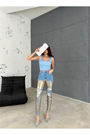 DİZ YIRTIK VARAKLI MOM KOT PANTOLON - Gold