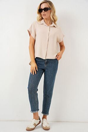 Oversize Kısa Kol Gömlek 20322 - Krem