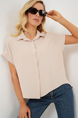 Oversize Kısa Kol Gömlek 20322 - Krem