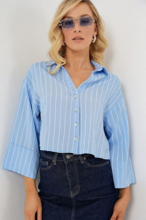 Çizgili Oversize Kısa Gömlek 20326 - Mavi