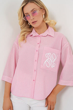 Tek Cep Nakışlı Gömlek 20328 - Pembe