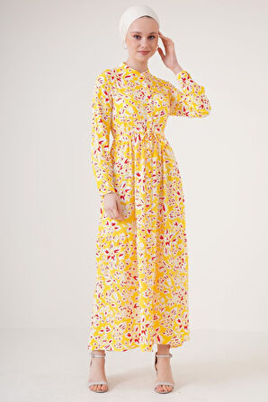 2144 Hakim Yaka Tesettür Elbise - Sarı