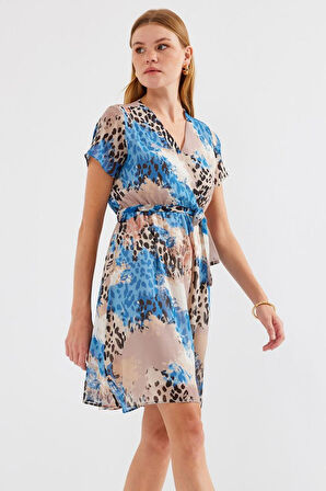 2502 Kısa Kol Desenli Şifon Elbise - Mavi