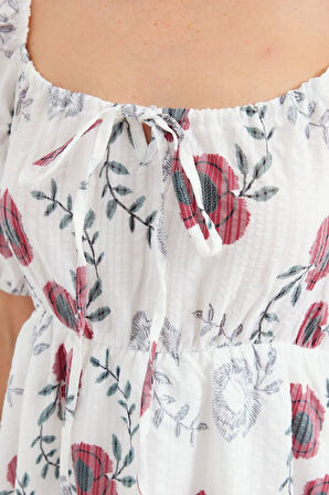 2508 Desenli Mini Kloş Elbise - Ekru