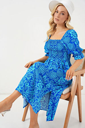 2512 Desenli Yırtmaçlı Elbise - Mavi