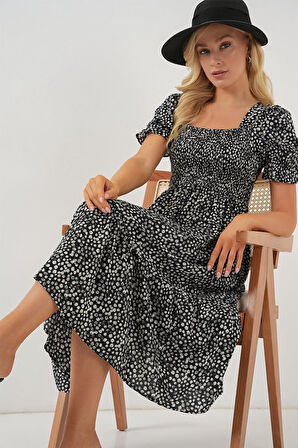 Kısa Kol Çiçekli Elbise 2556 - Siyah