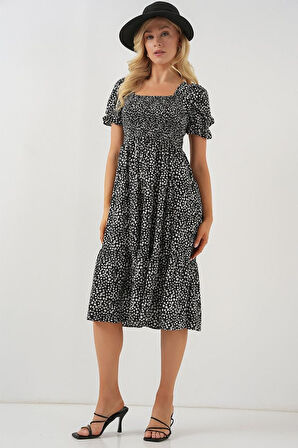 Kısa Kol Çiçekli Elbise 2556 - Siyah