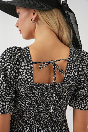 Kısa Kol Çiçekli Elbise 2556 - Siyah