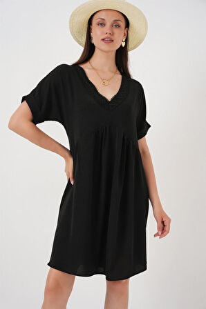 V Yaka Kısa Kol Elbise 2567 - Siyah