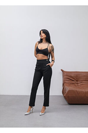 Poly Viscose Dekorati̇f Düğmeli̇ Arka Bel Lasti̇kli̇ Pantolon
