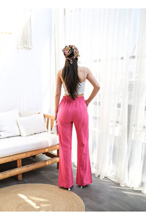 Beli̇ Lasti̇kli̇ Ve Bağcikli Keten Pantolon