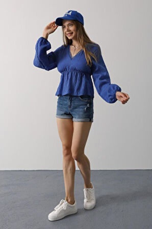 V Yaka Dantelli Bluz - Mavi