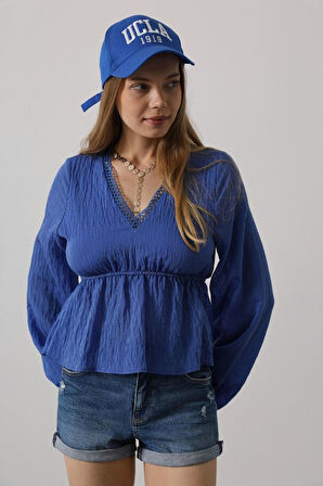 V Yaka Dantelli Bluz - Mavi