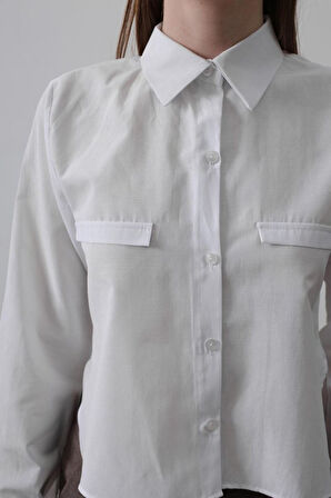 Cepli Uzun Kol Gömlek - Beyaz