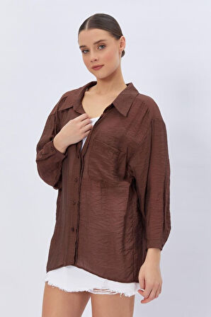 Cepli Oversize Gömlek - Kahve