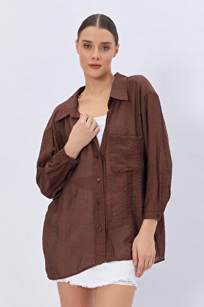 Cepli Oversize Gömlek - Kahve