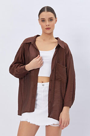 Cepli Oversize Gömlek - Kahve