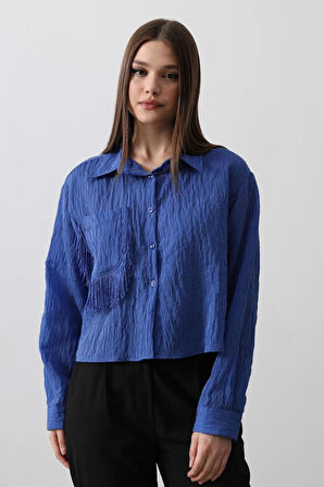 Püskül Cep Detaylı Kısa Gömlek - Mavi