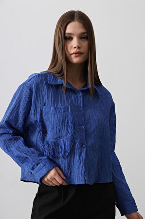 Püskül Cep Detaylı Kısa Gömlek - Mavi