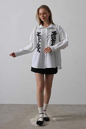 Boncuk Nakış Detaylı Uzun Gömlek - Beyaz