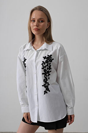 Boncuk Nakış Detaylı Uzun Gömlek - Beyaz
