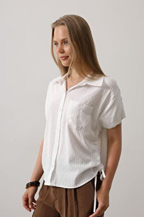 Yanlar Büzmeli Kısa Balon Kol Gömlek - Bebe Mavisi