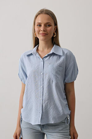 Yanlar Büzmeli Kısa Balon Kol Gömlek - Bebe Mavisi