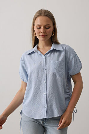 Yanlar Büzmeli Kısa Balon Kol Gömlek - Bebe Mavisi