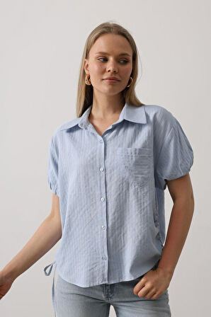 Yanlar Büzmeli Kısa Balon Kol Gömlek - Bebe Mavisi