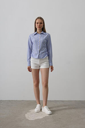 Yanları Büzgülü Çizgili Gömlek - Mavi-Beyaz