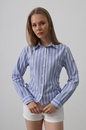 Yanları Büzgülü Çizgili Gömlek - Mavi-Beyaz