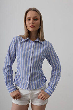 Yanları Büzgülü Çizgili Gömlek - Mavi-Beyaz