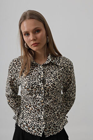 Yanları Büzgülü Leopar Gömlek - Leopar