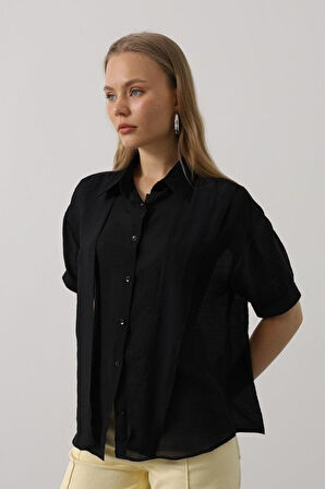 Atkı Detaylı Yarım Kol Gömlek - Siyah