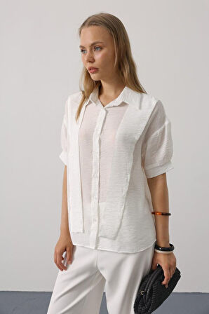 Atkı Detaylı Yarım Kol Gömlek - Beyaz