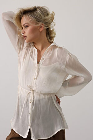 Belden Bağlamalı Uzun Kol Gömlek - Taş