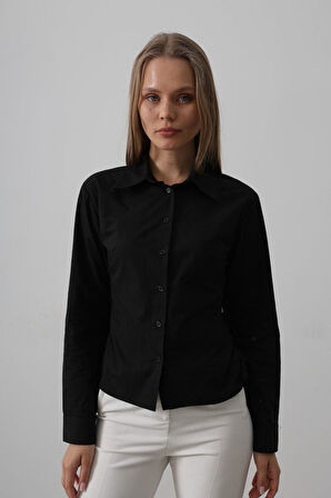 Yanları Büzgülü Çizgili Gömlek - Siyah