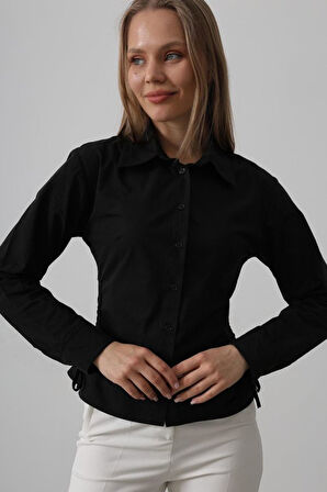 Yanları Büzgülü Çizgili Gömlek - Siyah