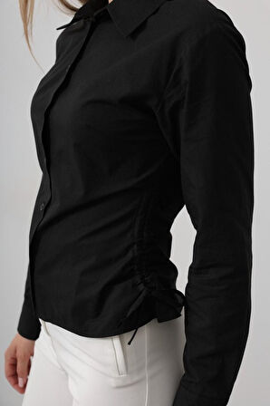 Yanları Büzgülü Çizgili Gömlek - Siyah